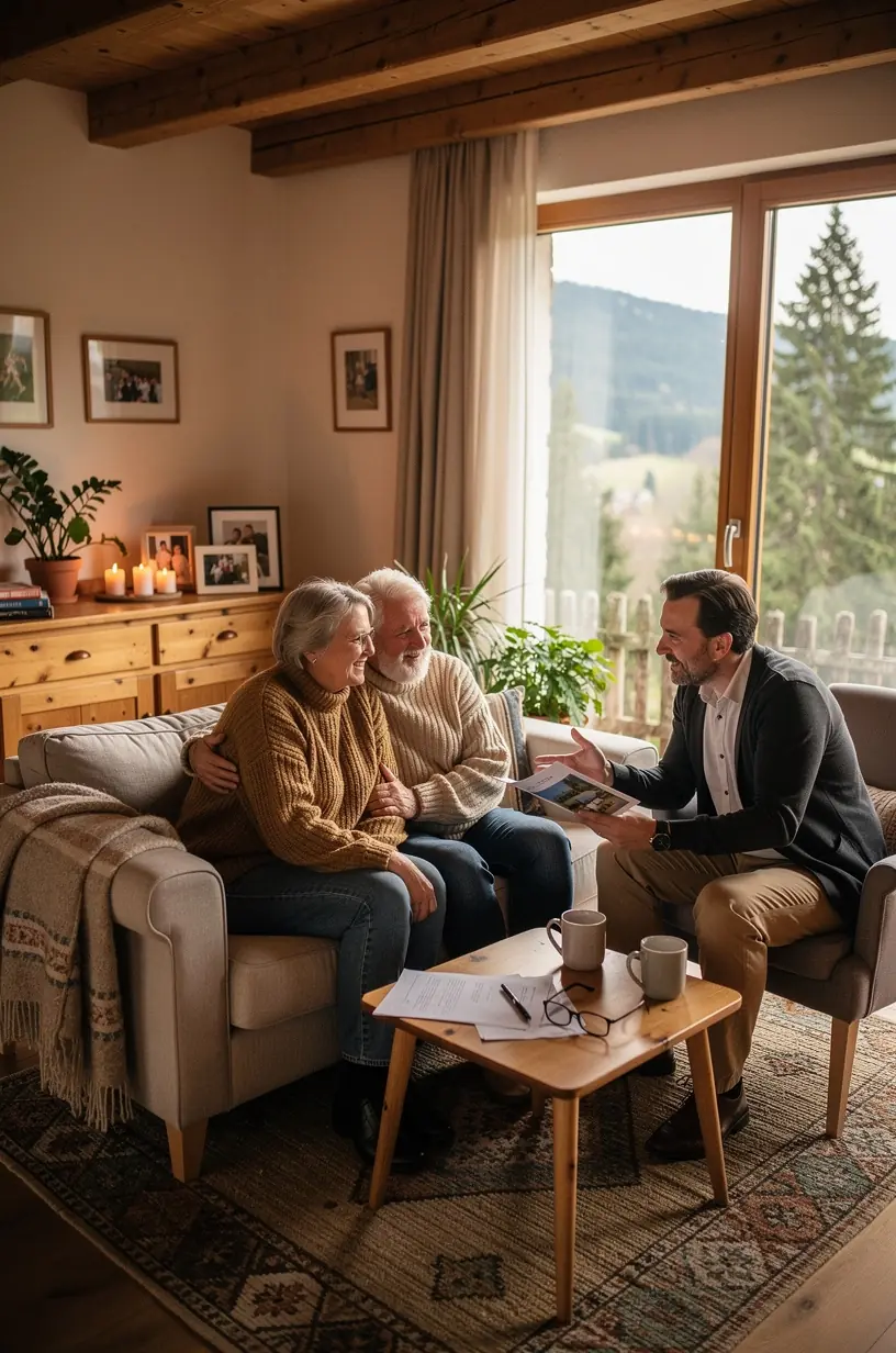 Professioneller Immobilienberater erläutert einem Kunden die aktuellen Zinssätze und Fördermöglichkeiten.